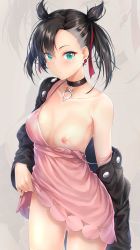  1girl absurdres areola_slip black_choker black_hair black_jacket blush breasts choker cleavage closed_mouth clothes_lift collarbone cowboy_shot creatures_(company) earrings game_freak green_eyes hair_ornament hair_ribbon highres holding jacket jewelry long_sleeves marnie_(pokemon) medium_breasts nintendo nipple_slip nipples no_panties non-web_source off_shoulder one_breast_out open_clothes pokemon pokemon_swsh pussy red_ribbon rei_kun ribbon short_twintails twintails undercut underwear  rating:Explicit score:164 user:danbooru