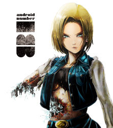  1girl amputee android android_18 blonde_hair blue_eyes character_name damaged dragon_ball dragonball_z earrings female_focus jacket jewelry looking_at_viewer short_hair solo  rating:Sensitive score:21 user:ujtrfg