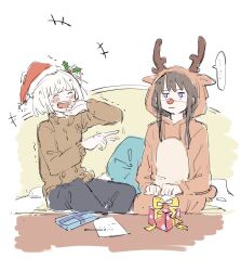  ... 2girls animal_costume antlers aran_sweater black_pants blonde_hair box brown_hair brown_sweater cable_knit christmas commentary couch cushion gift gift_box hashtag-only_commentary hat highres horns inoue_takina laughing long_hair long_sleeves lycoris_recoil medium_hair multiple_girls nishikigi_chisato on_couch open_mouth pants paper purple_eyes reindeer_antlers reindeer_costume santa_hat sitting smile spoken_ellipsis sweater uud45gaotrcvkfg 