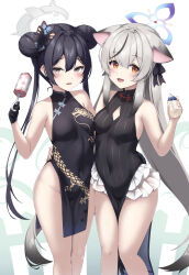  2girls absurdres animal_ears black_dress black_gloves black_hair blue_archive blue_halo blush bottle breasts butterfly_hair_ornament china_dress chinese_clothes covered_navel cowboy_shot double_bun dragon_print dress gloves grey_eyes grey_hair hair_bun hair_ornament halo highres holding holding_rattle kisaki_(blue_archive) kokona_(blue_archive) long_hair looking_at_viewer milk_bottle multicolored_hair multiple_girls open_mouth pelvic_curtain rattle sleeveless sleeveless_dress small_breasts streaked_hair striped_clothes striped_dress thighs tiger_ears tousaki_(tousakiworks) twintails vertical-striped_clothes very_long_hair white_background 