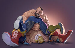  2boys absurdres animal_head ass bara beard brown_hair crossover facial_hair full_beard full_body highres ilovefsushi king_(tekken) large_pectorals male_focus mature_male mohawk multiple_boys muscular muscular_male pectorals short_hair spread_legs street_fighter submission_hold tekken thick_beard thick_eyebrows thick_thighs thighs wrestling wrestling_boots wrestling_outfit zangief 