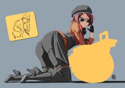  1boy 1girl adel ass automatic_giraffe bent_over brown_hair coco_adel corset gloves hair_ornament hairclip high_heels highres pants rwby sunglasses sweater 