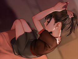  1girl arms_up as109 blush brown_hair brown_shirt closed_mouth dutch_angle closed_eyes from_above from_side halterneck indoors leaning_forward legs_together on_bed ponytail shirt short_sleeves shoujo_to_ura_roji sitting skirt solo tying_hair  rating:Sensitive score:142 user:danbooru