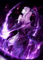 1girl armor ass back bad_id bad_pixiv_id bare_shoulders blurry boots broken claw_(weapon) dragon_girl dragon_horns dragon_tail dutch_angle facial_mark fire from_behind gauntlets glowing highres horns long_hair monster_girl original parted_lips pillar pointy_ears purple_eyes purple_fire purple_lips purple_theme puuzaki_puuna side_slit slit_pupils solo tail tattoo weapon white_hair rating:Sensitive score:49 user:danbooru