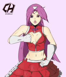 1girl artist_name asamiya_athena breasts cleavage cleavage_cutout clothes_pull clothing_cutout dirty dirty_clothes gloves highres long_hair looking_at_viewer medium_breasts midriff navel no_bra parted_lips pink_lips purple_eyes purple_hair skirt snk solo the_king_of_fighters the_king_of_fighters_2003 top_pull