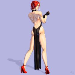  absurdres ass back back_cutout back_muscles back_turned backless_dress backless_outfit black_dress black_gloves butt_crack clothing_cutout dress glove_pull gloves heels highres long_dress looking_at_viewer looking_back medium_hair red_eyes red_hair red_heels riicemochii snk tall_female the_king_of_fighters thighs vanessa_(kof)  rating:Sensitive score:39 user:beacon995
