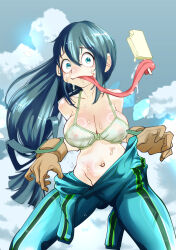  asui_tsuyu boku_no_hero_academia breasts cleavage food gloves ice_cream large_breasts long_tongue medium_breasts sweat tongue undressing  rating:Questionable score:9 user:twilight_jester