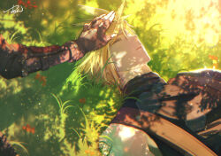  1boy 1girl armor black_gloves blonde_hair bracelet closed_eyes cloud_strife commentary_request dappled_sunlight final_fantasy final_fantasy_vii final_fantasy_vii_rebirth final_fantasy_vii_remake fingerless_gloves gloves grass hand_on_another&#039;s_head highres jewelry light_particles lying on_back on_grass outdoors parted_lips short_hair shoulder_armor signature single_arm_guard single_bare_shoulder sleeping sleeveless sleeveless_turtleneck spiked_hair sunlight suspenders sweater tifa_lockhart tsu-an turtleneck turtleneck_sweater upper_body 