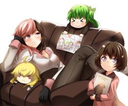  &gt;_&lt; 3girls alternate_universe artist_request blush book breasts brown_hair character_doll child&#039;s_drawing crayon green_hair heterochromia i_want_my_hat_back mature_female medium_breasts mother_and_daughter multicolored_hair multiple_girls neo_politan pink_hair reclining roman_torchwick rwby siblings sisters smile split-color_hair stuffed_toy yang_xiao_long 
