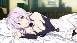  10s 1girl bare_shoulders bed breasts cleavage highres large_breasts light_purple_hair long_hair looking_at_viewer lying on_side open_mouth pillow red_eyes smile solo strea_(sao) sword_art_online  rating:Questionable score:27 user:ryokoayekalover