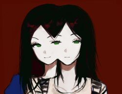  1girl :3 alice:_madness_returns alice_liddell_(american_mcgee&#039;s_alice) american_mcgee&#039;s_alice american_mcgee's_alice black_hair commentary empty_eyes expressionless eyelashes green_eyes highres long_eyelashes long_hair looking_at_viewer nonsensemanna pale_skin portrait red_background sketch smile solo surreal 