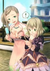 ! 2girls belt blue_eyes bracelet breasts brown_hair driselle_k._sharil elize_lutus food frills green_eyes hair_ornament hairclip ice_cream jewelry multiple_girls necklace open_mouth ribbon short_hair tales_of_(series) tales_of_xillia tongue rating:Sensitive score:8 user:wereAR