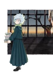  1girl abandoned bare_tree black_eyes black_footwear blue_sailor_collar blue_serafuku blue_shirt blue_skirt book book_stack closed_mouth constricted_pupils from_side full_body gradient_sky green_scarf grey_hair grey_sky haze holding holding_book kankyou_(lotus_1h) let&#039;s_go_kaikigumi loafers long_skirt long_sleeves looking_at_viewer looking_to_the_side mechako_(let&#039;s_go_kaikigumi) pleated_skirt sailor_collar scarf school_uniform serafuku shirt shoes short_hair skirt sky solo standing torn_curtains tree wide-eyed window 