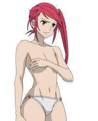  1girl absurdres benitsubasa breasts covering_privates covering_breasts female_focus highres navel panties pink_eyes pink_hair sekirei side_ponytail solo topless transparent_background underwear vector_trace white_panties  rating:Questionable score:14 user:teosama