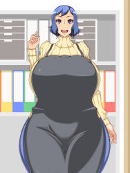 10s 1girl blue_eyes blue_hair breasts curvy female_focus gigantic_breasts gundam gundam_build_fighters highres iori_rinko matching_hair/eyes mature_female naunau open_mouth smile solo standing sweater thick_thighs thighs wide_hips rating:Sensitive score:31 user:joeyjoe