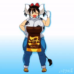  1girl animal_print animated animated_gif apron black_hair blue_pants bouncing_breasts breasts brown_apron brown_eyes commentary cow_girl cow_horns cow_print cow_tail denim flexing full_body gloves gradient_background hataraki_ari horns huge_breasts impossible_clothes impossible_shirt jeans one_eye_closed original pants sandals shirt smile solo sukimi tail white_gloves 