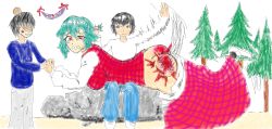  1girl 2boys age_difference artist_request crayon_(medium) crying green_hair hair_pulled_back highres kazami_yuuka multiple_boys onee-shota shota shotadom spanking touhou traditional_media  rating:Questionable score:4 user:Evil_seed
