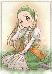  1girl absurdres bead_necklace beads blonde_hair blue_eyes breasts dragon_quest dragon_quest_xi dress earrings forehead full_body fushicho grass green_hairband hair_pulled_back hairband hand_on_own_cheek hand_on_own_face highres jewelry juliet_sleeves long_sleeves necklace puffy_sleeves senya_(dq11) sitting small_breasts smile solo twitter_username wariza white_dress  rating:Sensitive score:7 user:danbooru