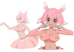  1girl blush breasts buttons cleavage collarbone fins grey_eyes head_fins highres japanese_pancake_devilfish_(kemono_friends) kemono_friends kemono_friends_3 large_breasts long_sleeves looking_at_viewer midriff multicolored_hair navel nelly_(altsarespicy) open_mouth pink_hair pink_shirt shirt short_hair skirt smile solo stomach tan two-tone_hair white_hair 