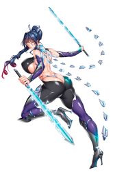  1girl absurdres action_taimanin ass bare_shoulders blue_hair bodysuit boots breasts cameltoe curvy electricity fei_(maidoll) full_body high_heels high_ponytail highleg highleg_leotard highres holding holding_sword holding_weapon huge_ass huge_breasts large_breasts leotard lilith-soft lips long_hair looking_at_viewer looking_to_the_side non-web_source official_art ponytail shiny_clothes sword taimanin_(series) taimanin_rpgx uehara_rin very_long_hair weapon white_background 