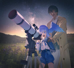  1boy 1girl :d alternate_costume alternate_form bird_wings black_hair blue_capelet blue_eyes blue_hair blue_shorts buttons capelet coat contemporary cowboy_shot father_and_daughter feathered_wings field final_fantasy final_fantasy_xiv frilled_sleeves frills green_eyes hand_on_another&#039;s_shoulder happy head_wings height_difference hermes_(ff14) high-waist_shorts highres long_sleeves meadow meteion mixed-language_commentary mt_(ringofive) night night_sky open_mouth outdoors pants photo_background plaid_capelet ribbon scenery shirt shirt_tucked_in shooting_star short_hair shorts sky smile standing star_(sky) stargazing starry_sky telescope white_pants white_shirt wings wrist_ribbon yellow_coat 