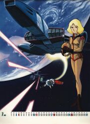  1970s_(style) 1980s_(style) 1girl artist_request beam_rifle blonde_hair calendar_(medium) core_fighter earth_(planet) earth_federation energy_beam energy_gun firing gloves gundam hangar helmet highres key_visual looking_at_viewer mecha military_uniform mobile_suit mobile_suit_gundam official_art oldschool open_hatch pilot_suit planet promotional_art retro_artstyle robot rx-78-2 sayla_mass scan science_fiction shield space spacecraft spacesuit starfighter thrusters traditional_media uniform unworn_headwear unworn_helmet v-fin vernier_thrusters weapon white_base 