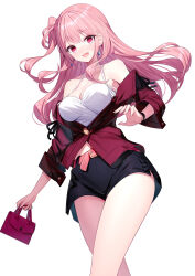  1girl :d bag bare_shoulders belt belt_buckle black_shorts breasts buckle camisole cleavage commentary_request earrings emily_stock floating_hair handbag highres holding holding_bag jacket jewelry long_hair long_sleeves looking_at_viewer medium_breasts navel off_shoulder one_side_up open_clothes open_jacket open_mouth original pink_belt pink_hair red_eyes red_jacket ririko_(zhuoyandesailaer) short_shorts shorts simple_background smile solo very_long_hair white_background white_camisole 