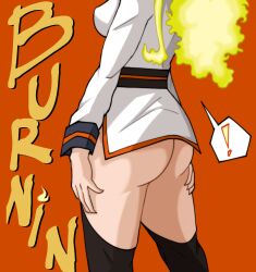 ! 1girl absurdres arms_at_sides artist_request ass ass_focus ass_grab belt belted_dress black_thighhighs boku_no_hero_academia breasts burnin_(boku_no_hero_academia) buttons character_name claws double-breasted dress female_focus fiery_hair fire garter_straps grabbing_own_ass gradient_hair green_fire green_hair highres huge_ass kamiji_moe large_breasts legs long_bangs long_hair long_sleeves lower_body multicolored_hair neck no_panties ponytail red_background revealing_clothes short_dress side_slit sidelocks simple_background standing thighhighs thighs white_dress wide_ponytail 