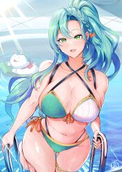  1girl alternate_costume alternate_hairstyle bikini blue_hair bow braid breasts chloe_(fire_emblem) cleavage commentary creature english_commentary fire_emblem fire_emblem_engage green_eyes hair_bow highres large_breasts long_hair navel nintendo open_mouth orange_bow ponytail pool revolverwing smile sommie_(fire_emblem) stomach swimsuit very_long_hair water wet  rating:Sensitive score:30 user:danbooru