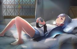  1girl barefoot bedroom black_choker black_jacket blue_shorts bob_cut breasts cellphone choker colored_inner_hair dappled_moonlight diagonal_bangs game_cg grey_hair hair_ornament head_on_pillow highres holding hood hooded_jacket indoors inverted_bob iphone jacket lens_flare light_frown link!_like!_love_live! long_sleeves looking_up love_live! lying moonlight multicolored_hair night o-ring o-ring_choker official_alternate_costume official_art on_back on_bed open_clothes open_jacket phone pink_eyes red_hair rubik&#039;s_cube short_hair short_shorts shorts small_breasts smartphone solo star_(symbol) star_hair_ornament streaked_hair tank_top third-party_source virtual_youtuber white_tank_top window yugiri_tsuzuri 