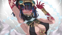  1girl armpits black_hair blood blood_on_hands blue_hair breasts cleavage commentary_request commission covered_erect_nipples enno_rei_(masochist_high) facepaint fate/grand_order fate_(series) glowing glowing_eyes grey_background grey_eyes hands_up headdress high_collar highres holding holding_whip looking_at_viewer multicolored_hair revealing_clothes short_hair sidelocks skeb_commission smoke solo tenochtitlan_(fate) upper_body whip wrist_cuffs 