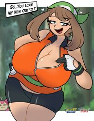  1girl absurdres bandana bike_shorts breasts brown_hair cleavage creatures_(company) english_text game_freak green_bandana highres huge_breasts large_breasts may_(pokemon) nintendo pokemon pokemon_rse pov silenttandem thighs 