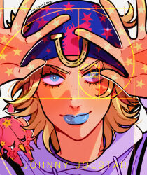  1boy 1other absurdres artist_name blonde_hair blue_eyes blue_hat blue_lips commentary english_commentary fibonacci_sequence freckles golden_spiral hat highres hood hoodie horseshoe huyandere johnny_joestar jojo_no_kimyou_na_bouken male_focus portrait signature smile stand_(jojo) star_(symbol) star_print steel_ball_run tears tusk_(stand) tusk_act1 white_hoodie 