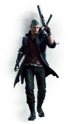  1boy absurdres blue_rose_(gun) capcom devil_may_cry_(series) devil_may_cry_5 facial_hair full_body gun handgun highres jacket jewelry long_hair looking_at_viewer male_focus mechanical_arms necklace nero_(devil_may_cry) official_art prosthesis prosthetic_arm red_queen_(sword) revolver short_hair silver_hair simple_background single_mechanical_arm solo stubble very_long_hair weapon weapon_on_back 