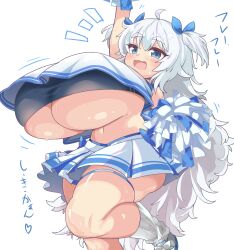  1girl :d absurdres alternate_breast_size black_sports_bra blue_bow blue_bowtie blue_eyes blue_ribbon blue_skirt bow bowtie breasts cheerleader crop_top enostal gigantic_breasts goddess_of_victory:_nikke hair_ribbon heart highres long_hair official_alternate_costume open_mouth poli_(cheer_up_police)_(nikke) poli_(nikke) pom_pom_(cheerleading) ribbon shoes short_twintails sidelocks simple_background skirt smile sneakers socks solo sports_bra sweat thick_thighs thighs twintails two-tone_skirt underboob very_long_hair wavy_hair white_background white_hair white_skirt white_socks  rating:Sensitive score:26 user:Leksa