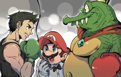 3boys black_hair blue_eyes bow bowtie boxers boxing_gloves cape crown donkey_kong_(series) donkey_kong_country fangs gloves grin hat king_k._rool little_mac looking_at_another male_underwear mario michrophone microphone multiple_boys nintendo punch-out!! referee serious smile super_smash_bros super_smash_bros. underwear