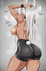  1girl absurdres almualim animal_ears ass bare_shoulders black_shorts boku_no_hero_academia breasts dark_skin from_behind highres huge_ass large_breasts long_hair mirko rabbit_ears rabbit_tail shiny_clothes short_shorts shorts sideboob solo steaming_body sweat thick_thighs thighs topless mirko very_long_hair white_hair  rating:Questionable score:181 user:armorcrystal