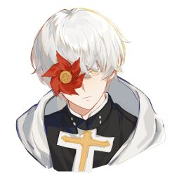 13327752wer 1boy absurdres asuka_r._kreutz closed_mouth spiked_halo cross eyepatch guilty_gear guilty_gear_strive hair_between_eyes halo highres latin_cross looking_at_viewer male_focus one_eye_covered short_hair simple_background upper_body white_hair yellow_eyes