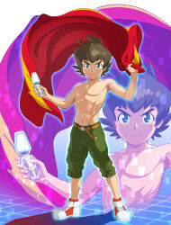  1boy absurdres bosnoheya brown_hair cellphone closed_mouth danball_senki_w flip_phone green_eyes green_shorts highres holding holding_phone jacket looking_at_viewer male_focus no_nipples phone red_jacket shoes shorts smile sneakers solo standing topless topless_male yamano_ban  rating:Sensitive score:2 user:ektb