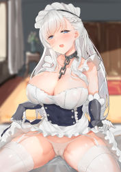 1girl :o apron apron_lift arm_guards azur_lane bare_shoulders belfast_(azur_lane) blue_eyes blurry blurry_background blush braid breasts cameltoe carpet chain cleavage clothes_lift collar collarbone corset cupboard curtains day depth_of_field elbow_gloves foodtoyc french_braid frilled_apron frilled_gloves frills garter_straps gloves gluteal_fold half-closed_eyes head_tilt highres indoors large_breasts long_hair looking_at_viewer maid_headdress open_mouth panties shiny_skin silver_hair sitting solo spread_legs sunlight thighhighs underwear vase very_long_hair white_apron white_gloves white_panties white_thighhighs rating:Questionable score:32 user:danbooru
