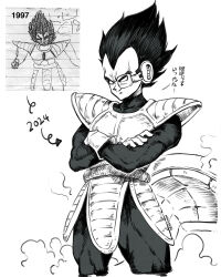  1boy artist_progress black_hair commentary crossed_arms dated dragon_ball gloves highres magion02 monochrome saiyan_armor scouter signature simple_background smile solo spiked_hair super_saiyan vegeta white_background white_gloves 
