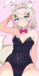  1girl absurdres alternate_costume animal_ear_fluff animal_ears arm_up black_leotard blonde_hair blue_eyes blush breasts collar detached_collar dog_ears dog_girl dog_tail fake_animal_ears hair_ornament highres hololive hololive_english leotard mococo_abyssgard open_mouth pink_hair playboy_bunny rabbit_ears sasaki_ikuya small_breasts solo strapless strapless_leotard tail virtual_youtuber white_collar x_hair_ornament 