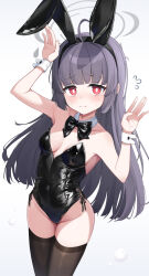 1girl ahoge animal_ears bare_shoulders black_bow black_bowtie black_hair black_leotard black_thighhighs blue_archive blunt_bangs blush bow bowtie breasts closed_mouth collar commentary detached_collar fake_animal_ears flying_sweatdrops grey_halo halo keis_(locrian1357) leotard long_hair miyu_(blue_archive) playboy_bunny rabbit_ears rabbit_pose red_eyes side-tie_leotard small_breasts solo strapless strapless_leotard sweat thighhighs white_background white_collar wrist_cuffs rating:Sensitive score:25 user:danbooru