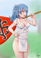  1girl akashieru artist_logo blue_eyes blue_hair breasts cleavage commentary_request double_bun ecchuu_fundoshi fundoshi hair_bun hand_fan highres japanese_clothes kantai_collection large_breasts looking_to_the_side medium_hair one-hour_drawing_challenge oversized_object paper_fan pelvic_curtain solo uchiwa urakaze_(kancolle) 