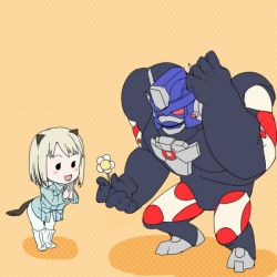  1girl animal_ears beast_wars chibi crossover elma_leivonen flower mecha optimus_primal pantyhose robot strike_witches strike_witches:_suomus_misfits_squadron tail transformers what white_pantyhose world_witches_series  rating:Sensitive score:10 user:danbooru