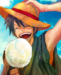  1boy black_hair closed_eyes cloud cloudy_sky commentary_request food hand_on_headwear hat holding holding_food jippei male_focus monkey_d._luffy one_piece open_mouth outdoors scar scar_on_chest scar_on_face short_hair sky sleeveless smile solo straw_hat teeth 