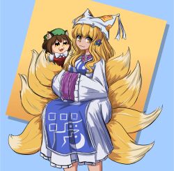  2girls :3 animal_ear_piercing animal_ears blonde_hair blue_background blue_flower cat_ears chen commentary commission dress emby_otakon english_commentary flower fox_tail hair_flower hair_ornament hands_in_opposite_sleeves hat highres medium_hair mob_cap multiple_girls multiple_tails tabard tail touhou two-tone_background white_dress yakumo_ran yellow_background yellow_eyes 