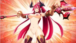  1girl breasts cleavage demon_girl demon_horns disgaea elbow_gloves fibochi gloves higan higan_zesshousai highres horns large_breasts long_hair makai_senki_disgaea_7 nude nude_filter open_mouth ponytail pussy red_eyes red_hair ribbon third-party_edit very_long_hair white_ribbon  rating:Explicit score:10 user:chungatsu21