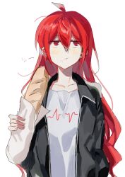  1girl ahoge alternate_hairstyle baguette black_jacket blush bread cardiogram_print eating food hair_down highres holding holding_food jacket kasane_teto long_hair looking_up pout red_eyes red_hair samsap shirt simple_background solo ultra_trailer_(synthesizer_v) utau white_background white_shirt 