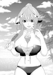  1girl alternate_breast_size alternate_hairstyle beach between_breasts bikini black_bikini breasts cleavage cloud cloudy_sky food go-toubun_no_hanayome greyscale hair_ornament highres ice_cream kosmos_beta large_breasts looking_down manga_style monochrome nakano_itsuki navel no_nipples noncolor ocean palm_tree sand sausage sky smile smiley_face spoon star_(symbol) star_hair_ornament swimsuit tree two-piece_swimsuit  rating:Sensitive score:23 user:samUred